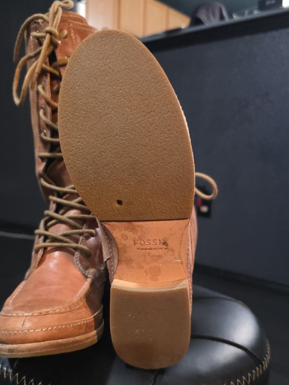 Fossil Brown Cognac Lace-Up Leather Women's Boots - Picture 12 of 13
